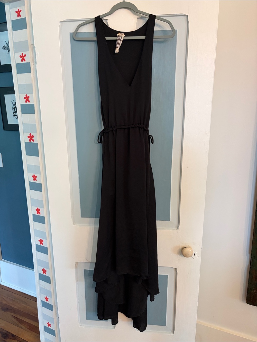 Free People Black V-Neck High Low Drawstring Midi Dress